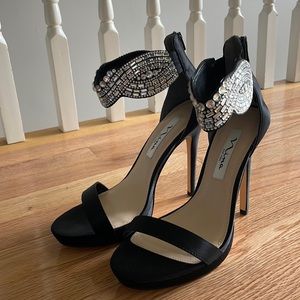 Nina, black luster satin heels, size 8
